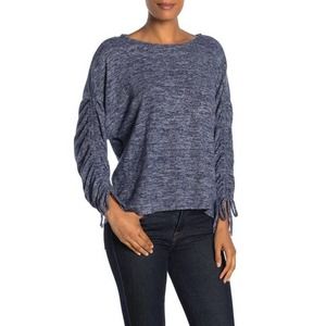 Alkamy Cozy Gathered Sleeve Brushed Knit Blue Sweater L